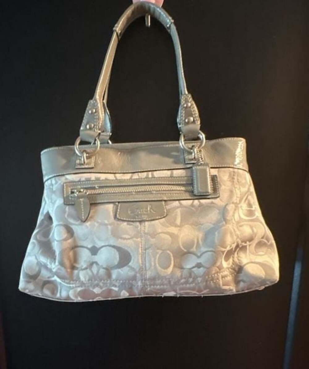 Coach Penelope Signature Jacquard and Patent Leather Satchel in Silver Gray